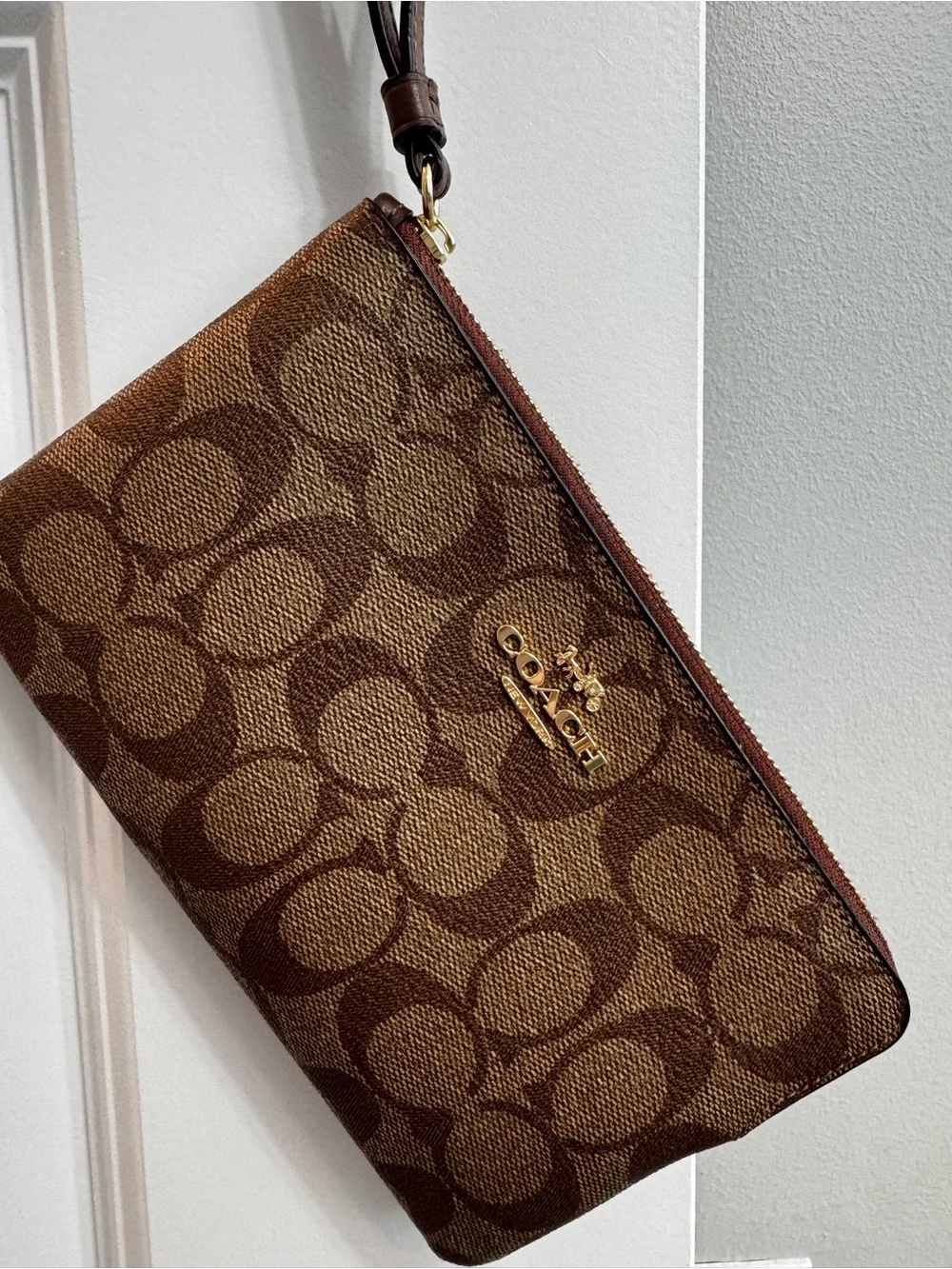 Coach Brown Signature Canvas Wristlet with Gold Logo